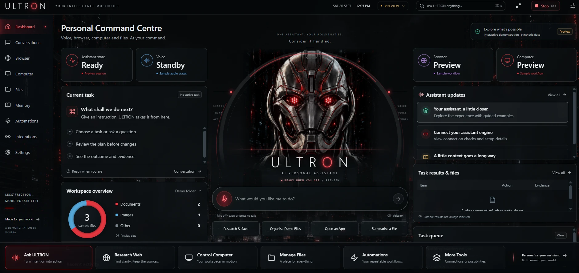 ULTRON personal command centre, an example character-style personal AI dashboard: assistant state and voice panels, a current-task list, a workspace overview, a central character portrait with a command bar, assistant updates, and task results with evidence. The data is sample data.