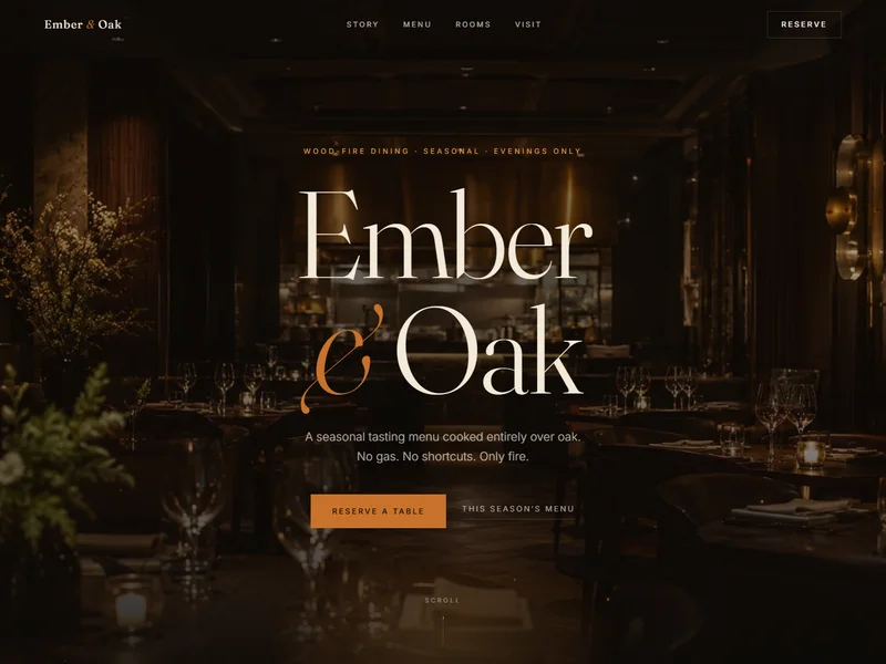 Ember & Oak — candlelit fine-dining concept site with oversized serif display type