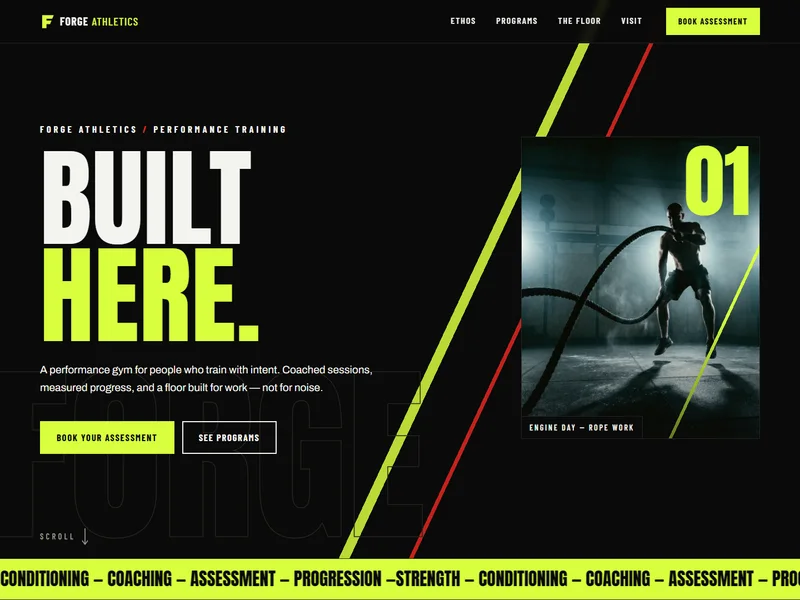 Forge Athletics — high-contrast volt and black performance gym concept site