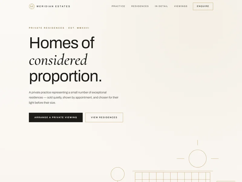 Meridian Estates — warm-white luxury real-estate concept site with gold architectural line art