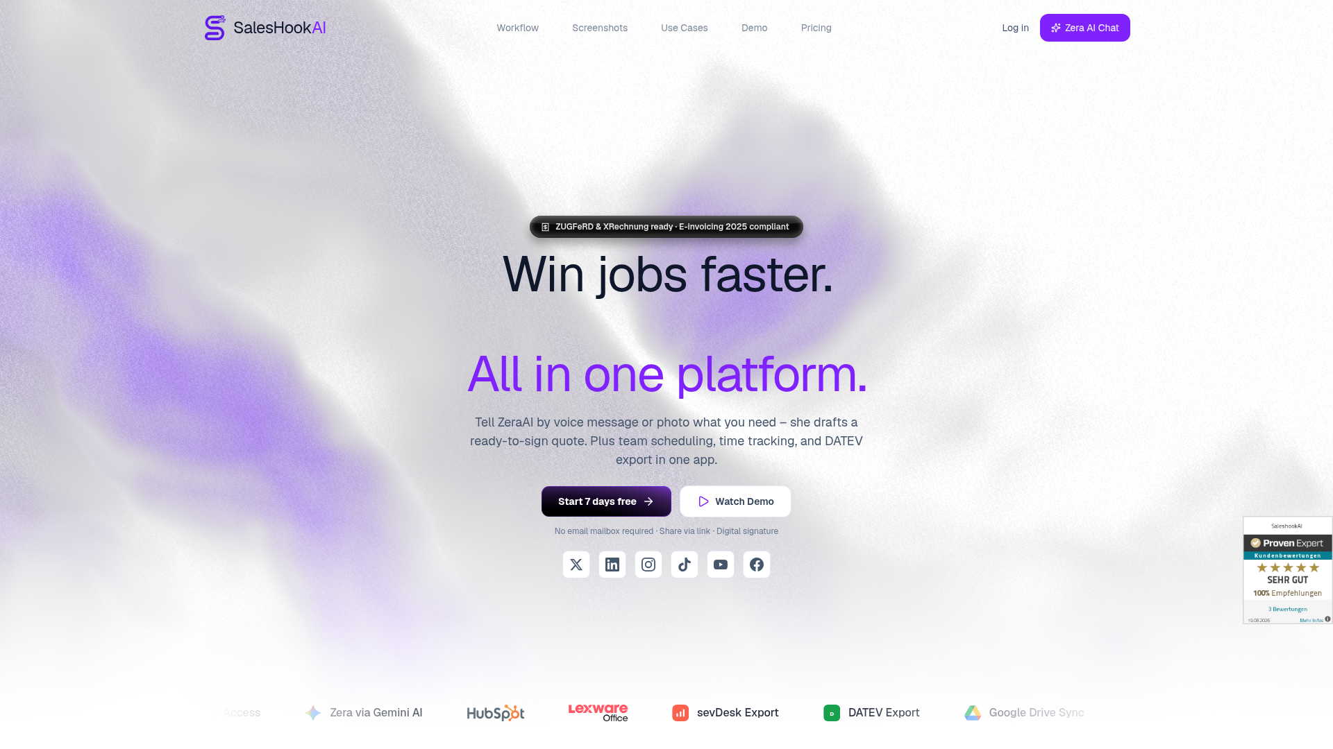 Screenshot of the live SalesHookAI website reference
